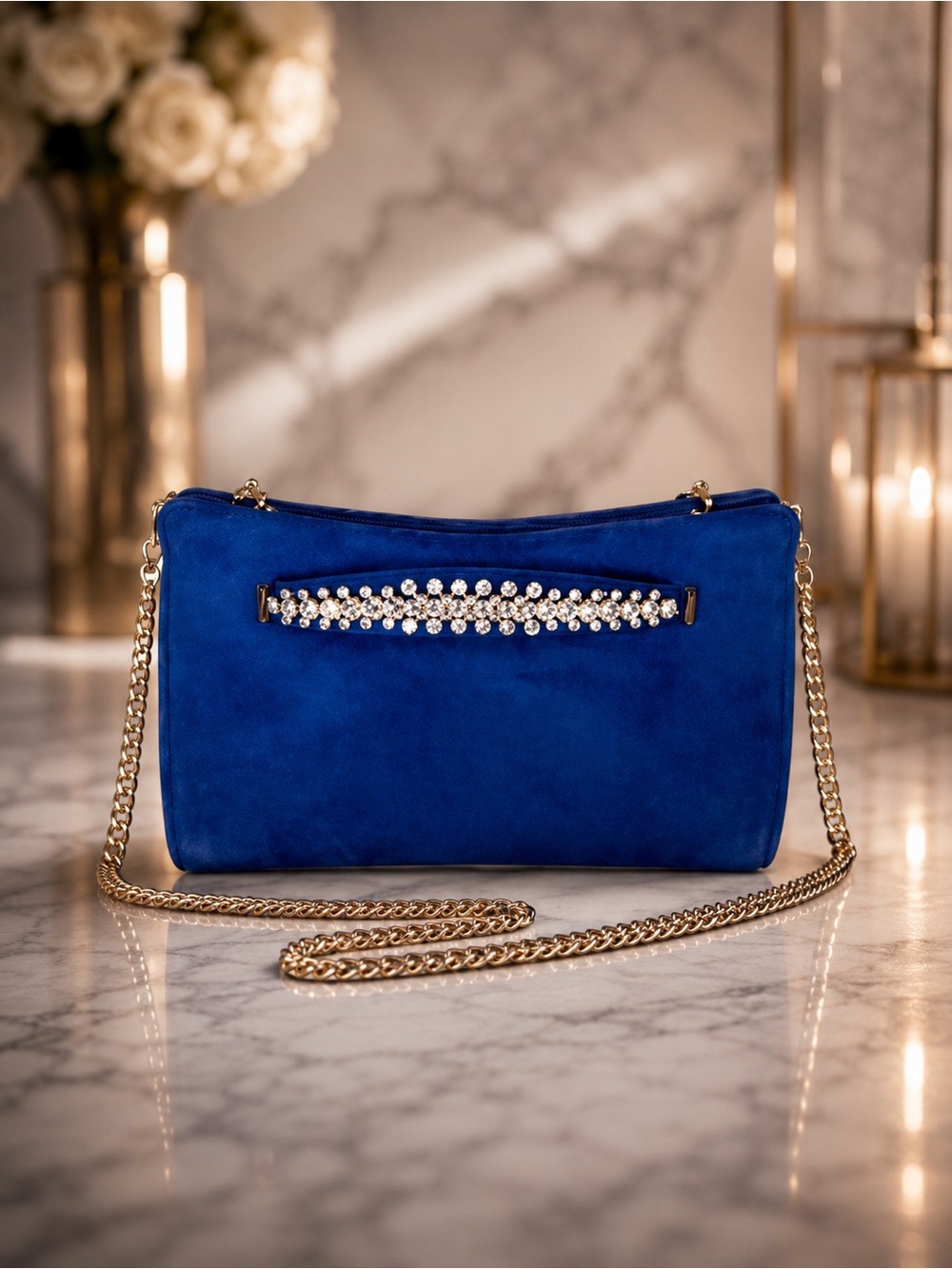Jimmy Choo Venus Electric Blue Suede Crystal Shoulder Bag | Full Set | Like New